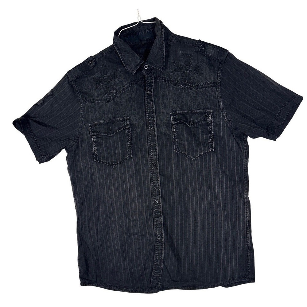Roar Mens XL Black Pinstripe Short Sleeve Button Up Shirt Embroidered Eagle DRE